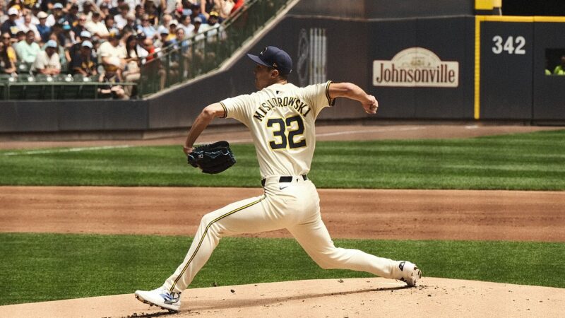 Jacob Misiorowski pitching for the Milwaukee Brewers