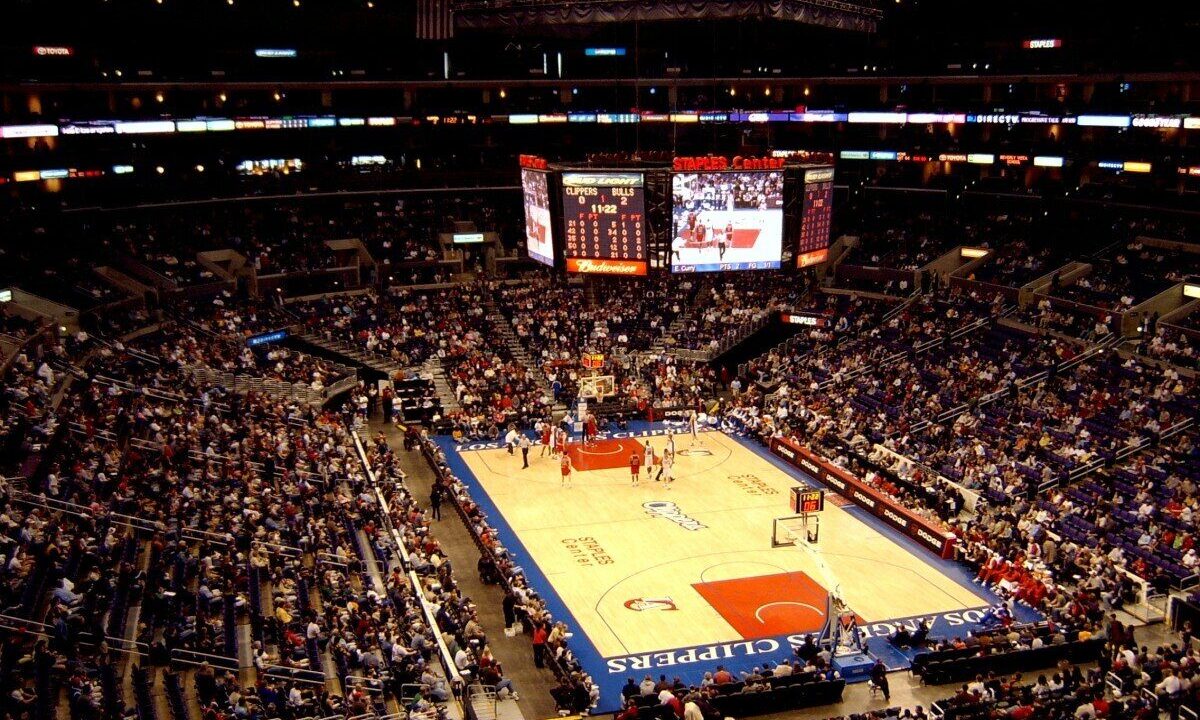 A professional basketball arena during a game