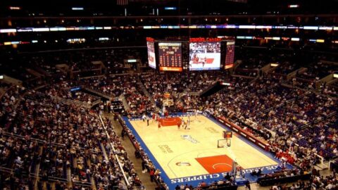 A professional basketball arena during a game