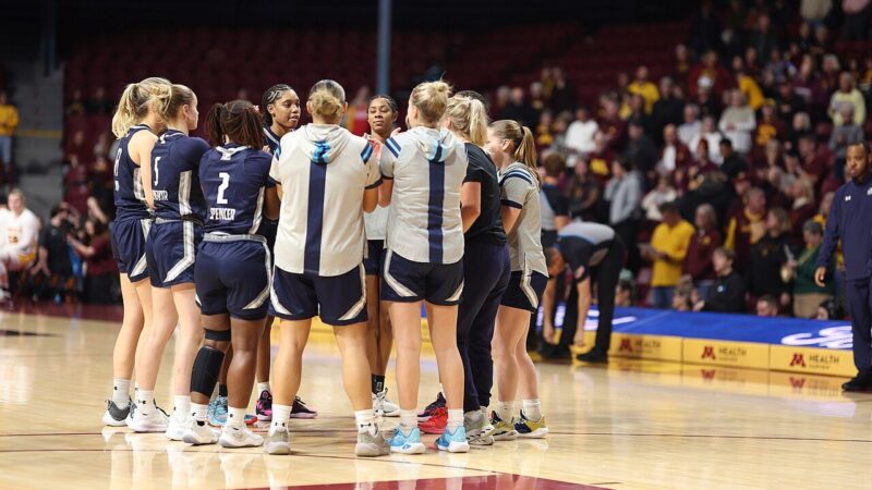 Basketball players in front of a home crowd