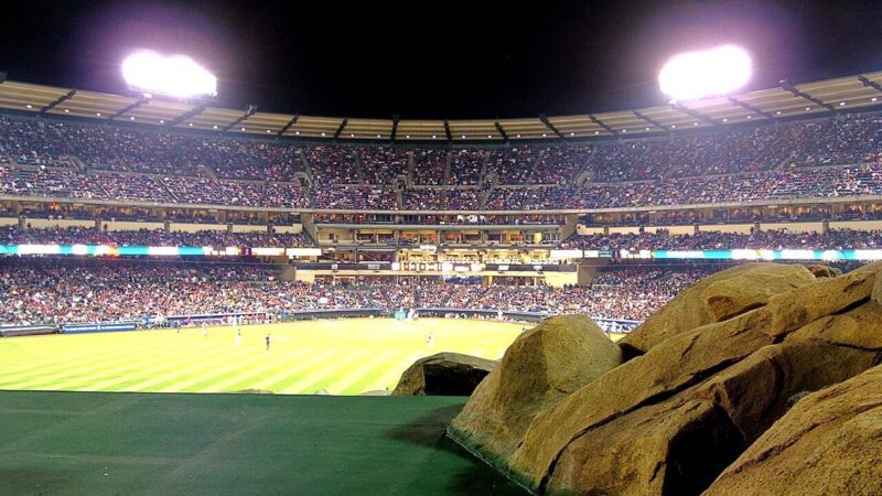 A baseball stadium during a night game