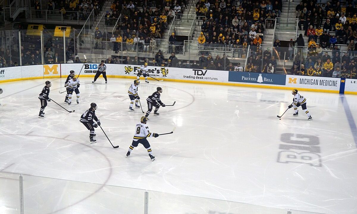 Ice hockey players in action on the rink during a game