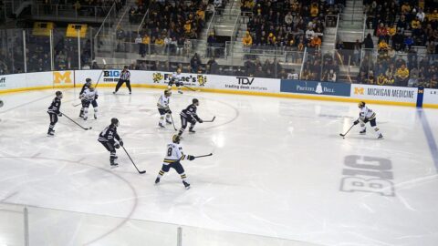 Ice hockey players in action on the rink during a game